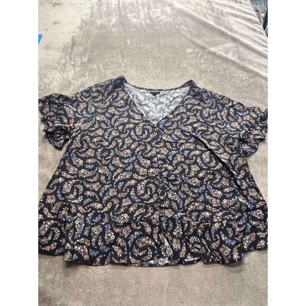 Torrid Floral Paisley Button Front Peplum Blouse Size 00 M L Black Blue Tan